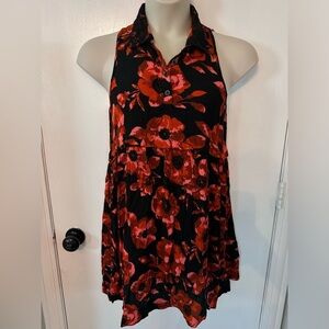 Volcom Red & Black Floral sleeveless Mini skater Dress lace collar Sz 10 #1526